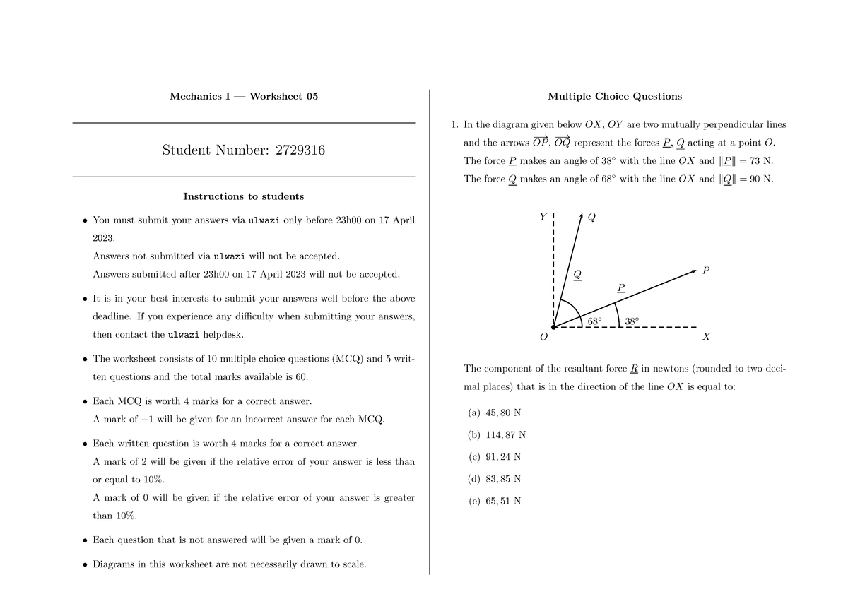 Wrk05 Part262 - Mechanics I — Worksheet 05 Student Number: 2729316 