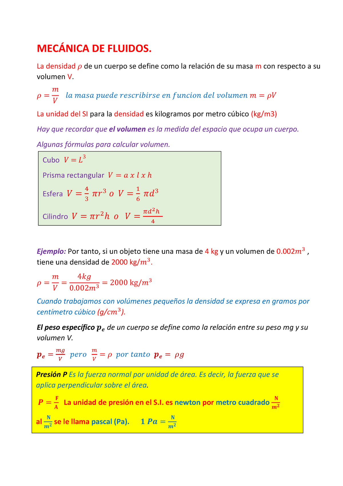 MecÁnica De Fluidos Apuntes 1 MecÁnica De Fluidos La Densidad 𝜌 De Un Cuerpo Se Define Como 8225