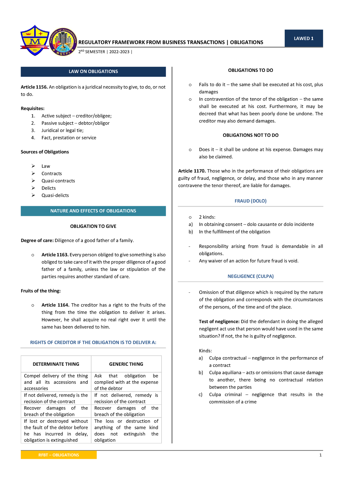 01 RFBT Law On Obligations - REGULATORY FRAMEWORK FROM BUSINESS ...