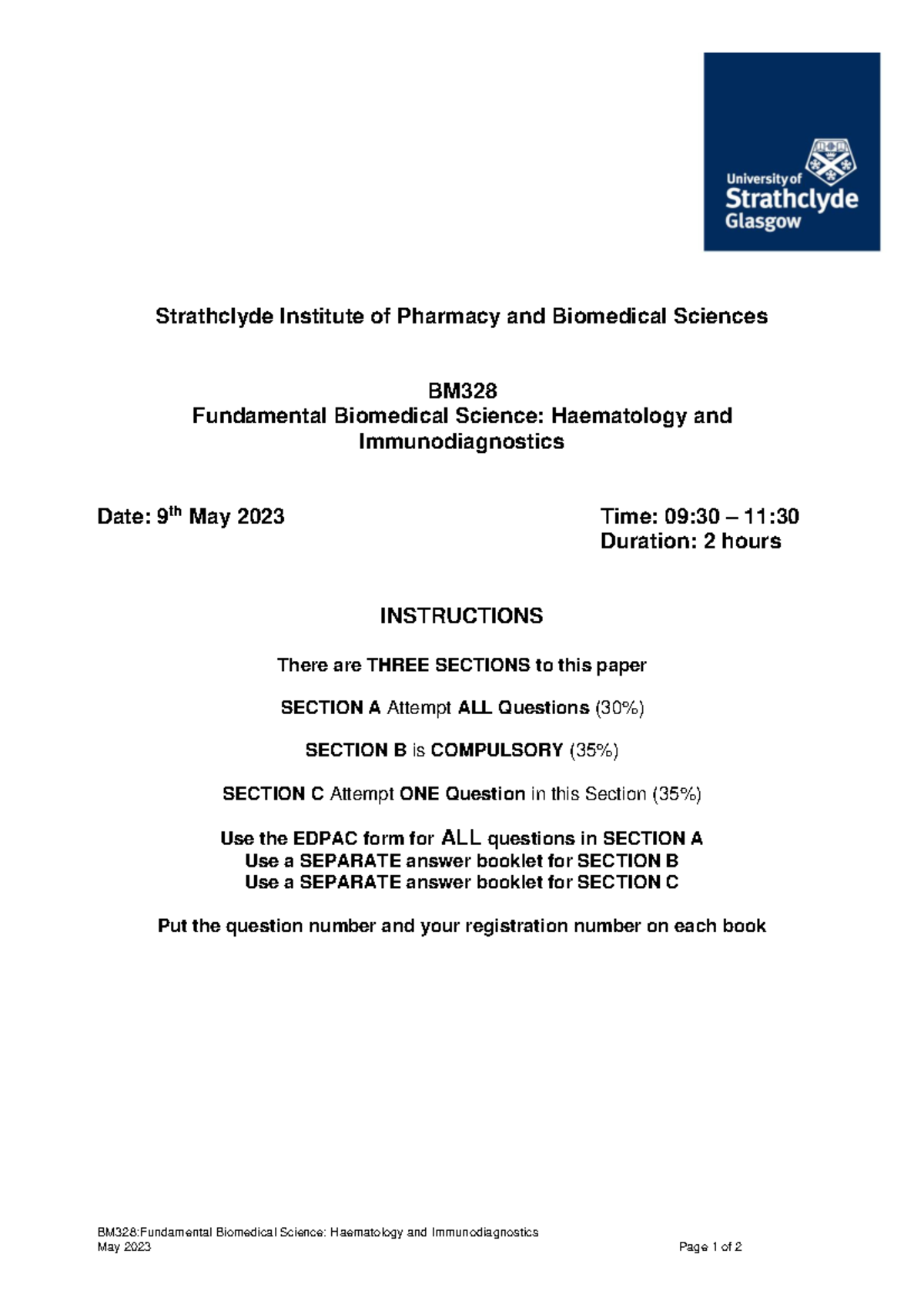 Biomed 2023 - Past paper - BM328:Fundamental Biomedical Science ...