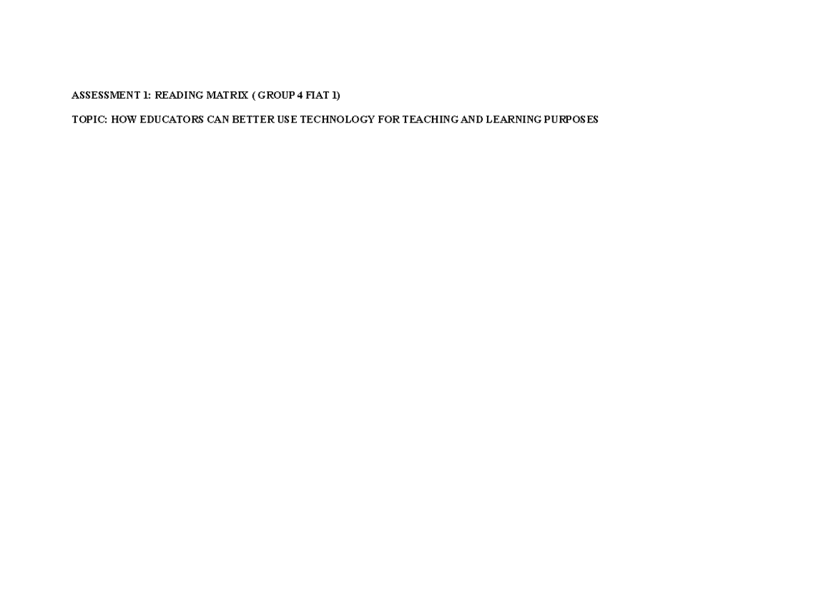 Assessment Reading Matrix Group 4 Fiat 1 - ASSESSMENT 1: READING MATRIX ...