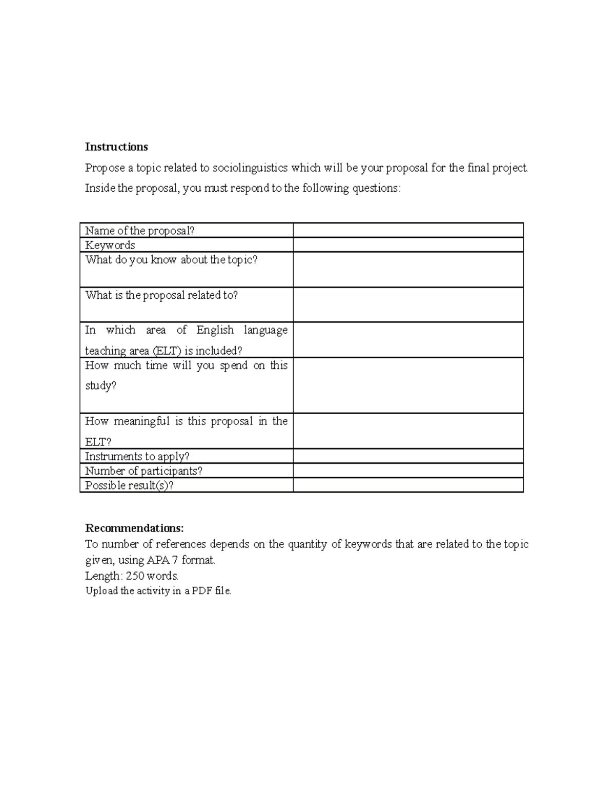 Final project - Sociolinguistica - Instructions - Instructions Propose ...