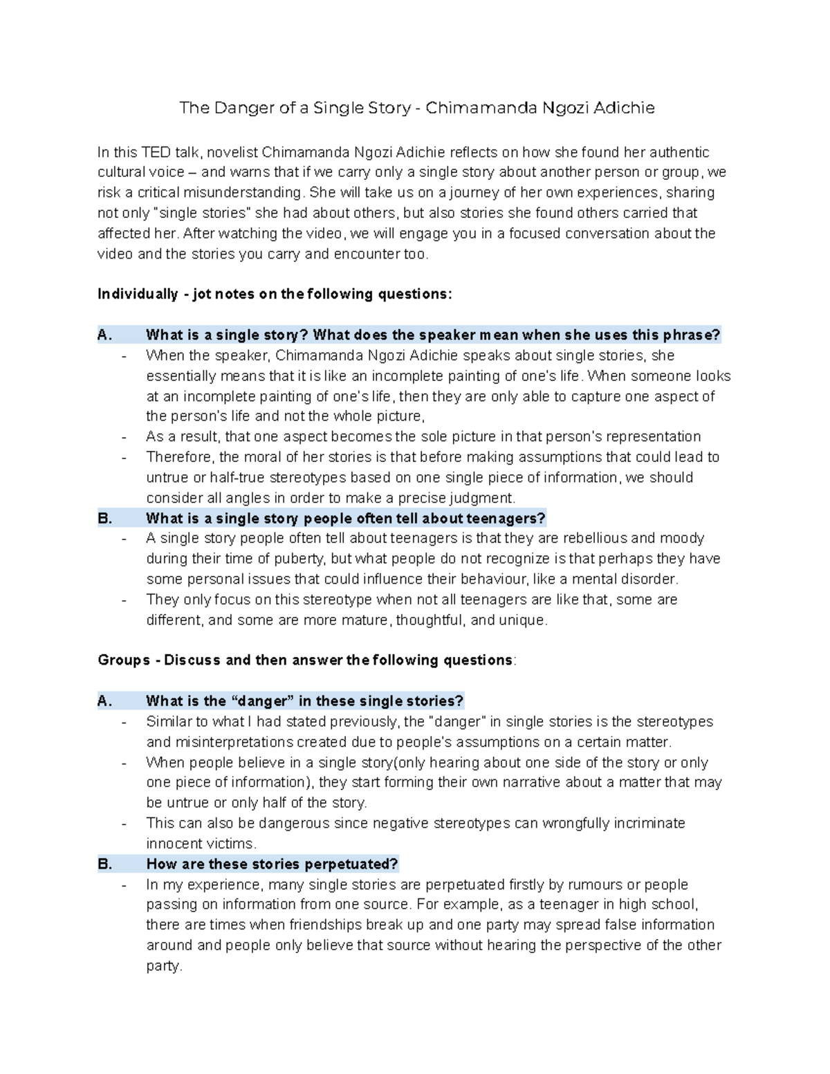 Small Group Discussion Questions The Danger of a Single Story The Danger of a Single Story