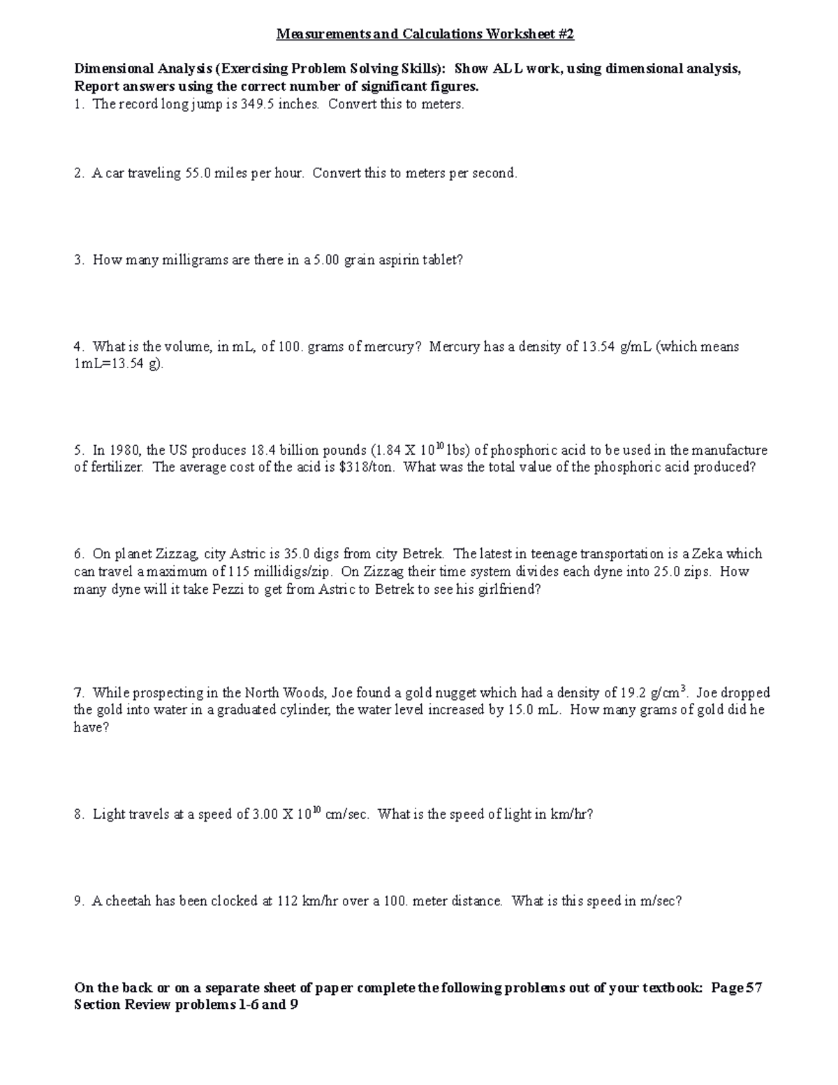 Unit 1 Measurements And Calcuations Worksheet 2 2009 Measurements And Calculations Worksheet 2993