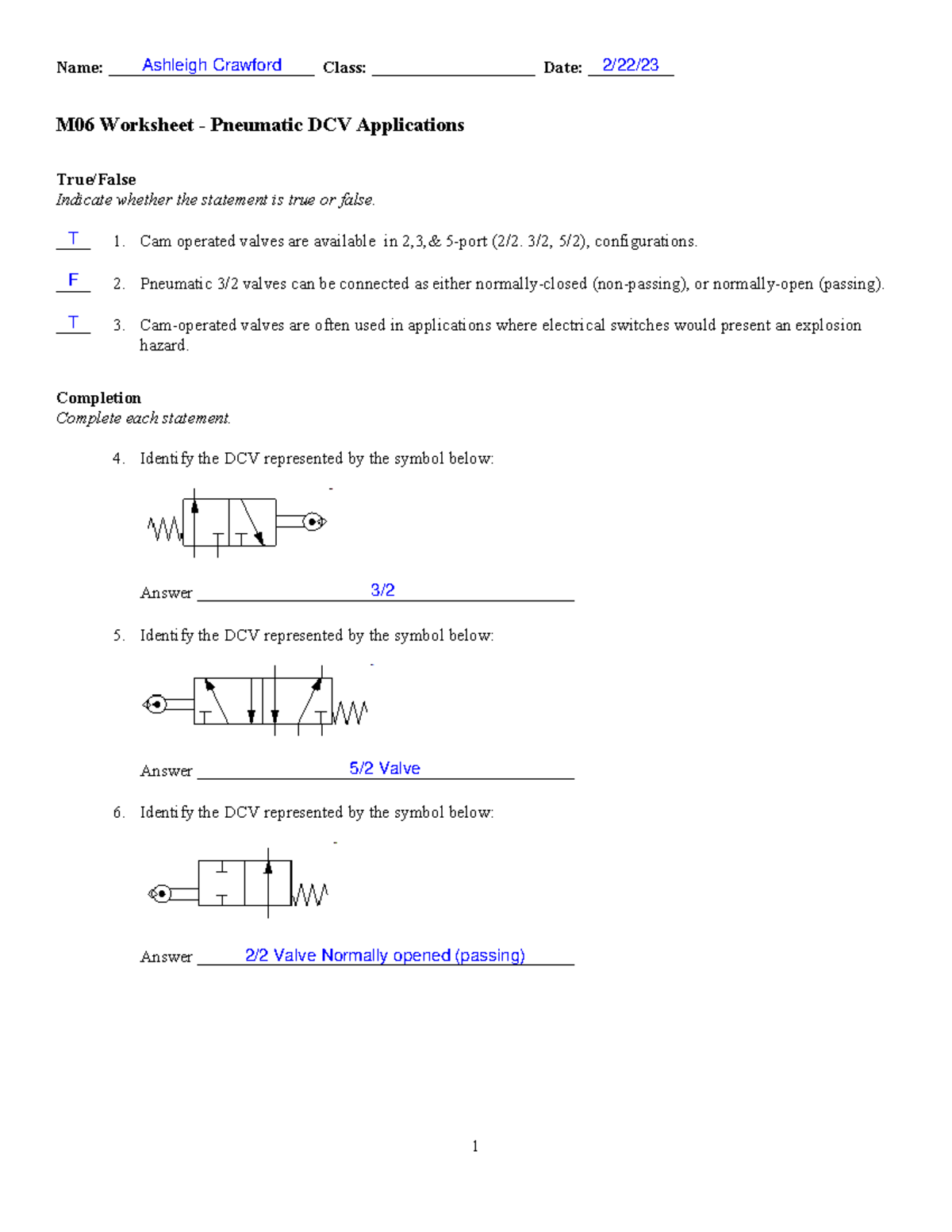 A13 Worksheet Pneumatic DCV Applications Name