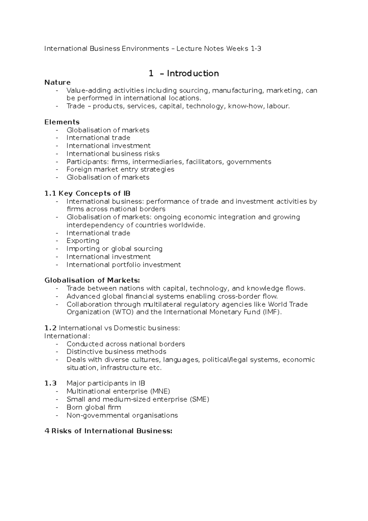 IB - Lecture notes WK 1-3 - International Business Environments ...