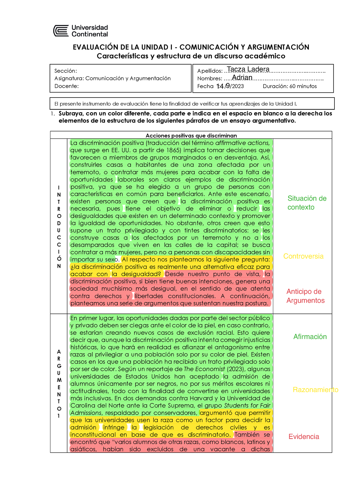 Texto Argumentativo - EVALUACI”N DE LA UNIDAD I - COMUNICACI”N Y ...