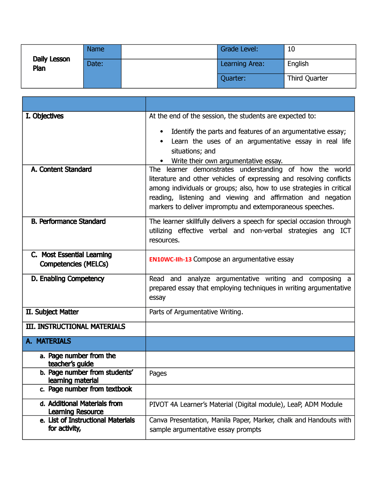 LP F2F - Lesson Plan - Daily Lesson Plan Name Grade Level: 10 Date ...