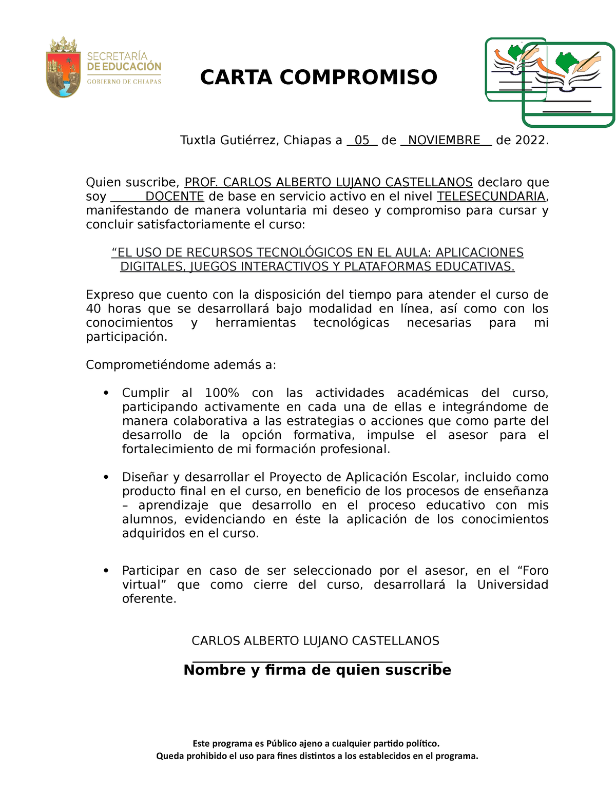 Carta Compromiso 2022 Carta Compromiso Tuxtla Gutiérrez Chiapas A 05 De Noviembre De 2022 2987