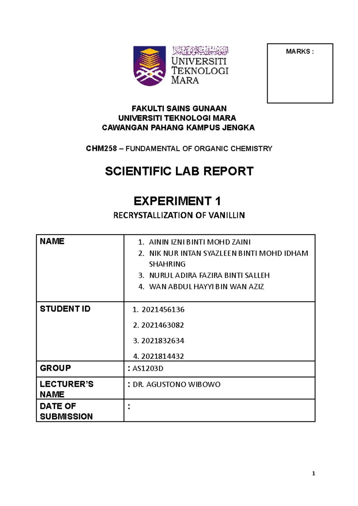 CHM258 LAB Report Experiment 1 - FAKULTI SAINS GUNAAN UNIVERSITI ...