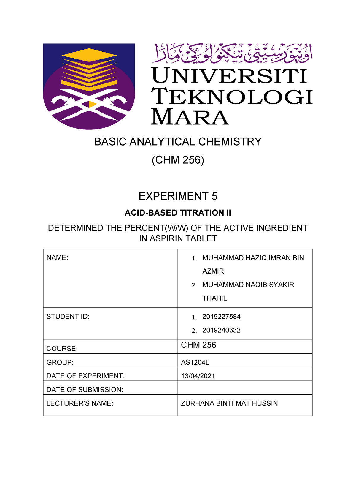 LAB Report 3 CHM256 PDF - Lab - BASIC ANALYTICAL CHEMISTRY (CHM 256 ...