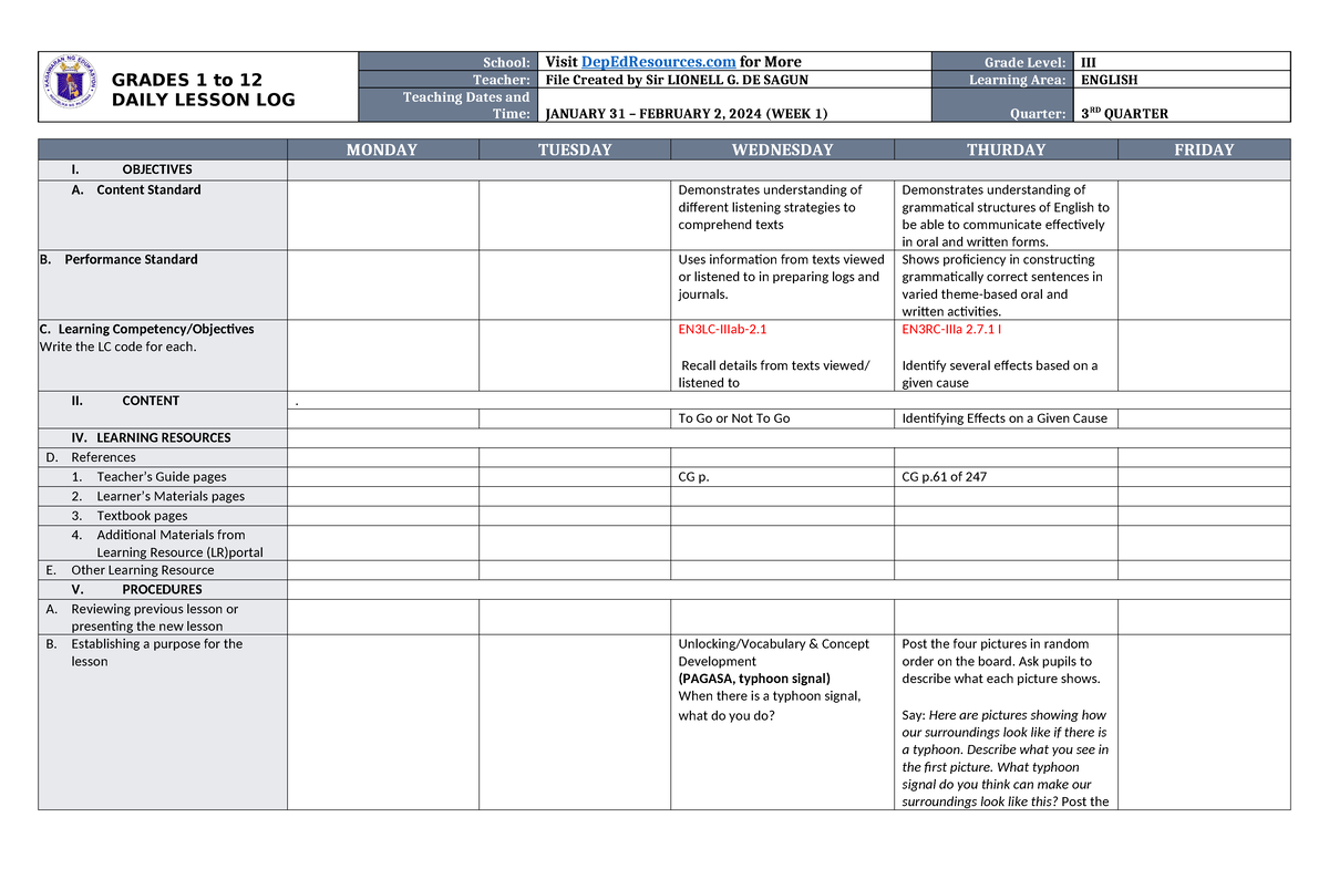 Dll English 3 Q3 W1 Grades 1 To 12 Daily Lesson Log School Visit Depedresources For More 4157