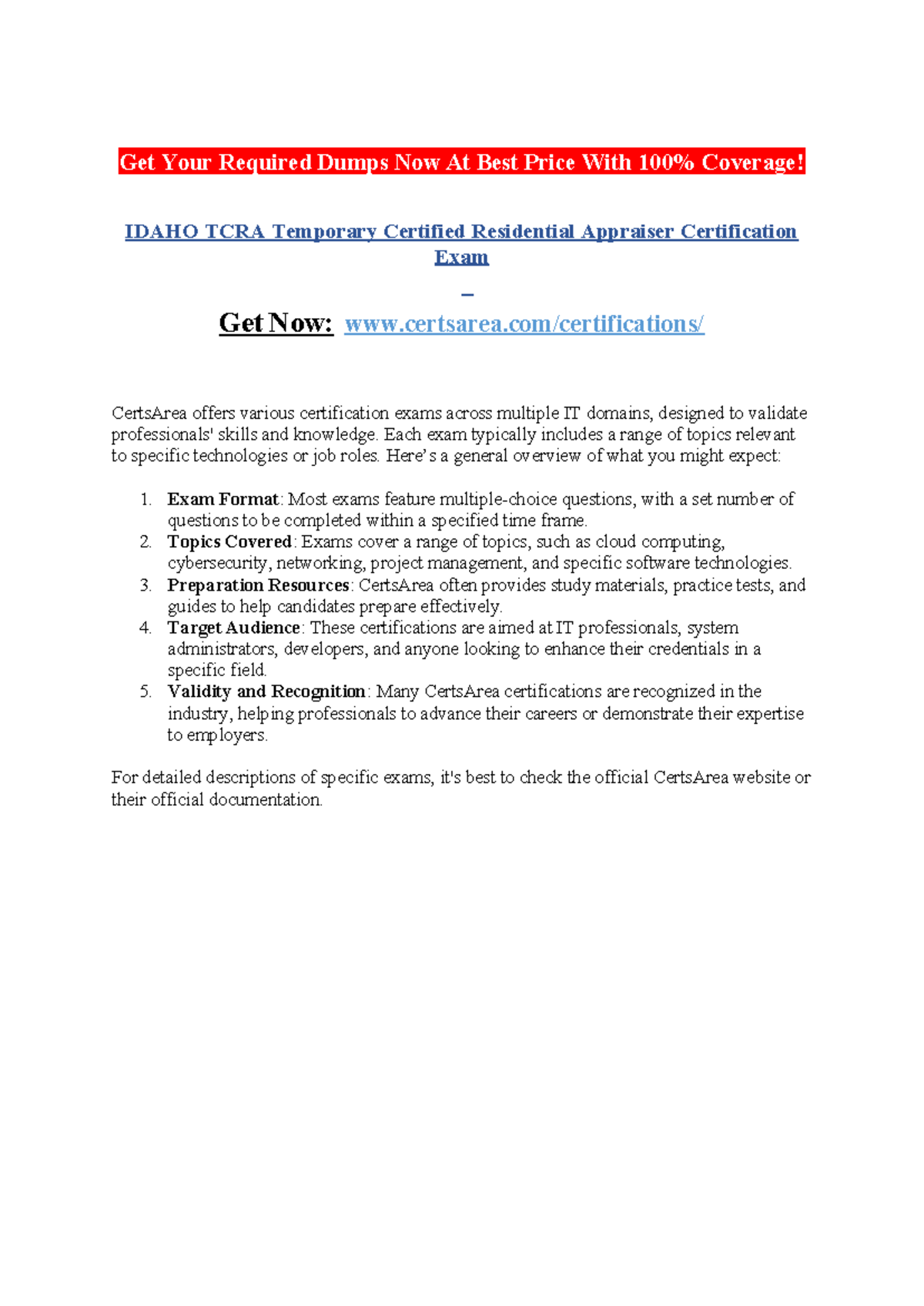 Idaho TCRA Temporary Certified Residential Appraiser Certification Exam ...