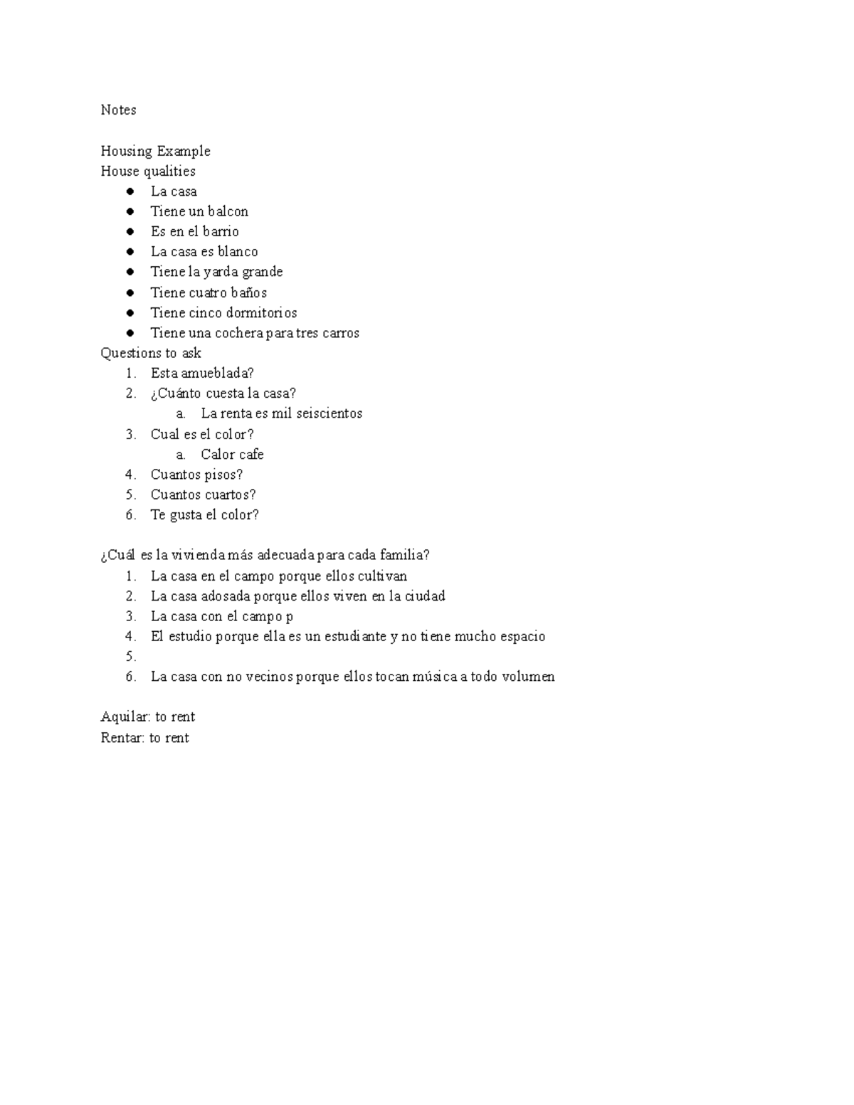 SPAN 9 19 22 - SPAN NOTES - Notes Housing Example House qualities La ...