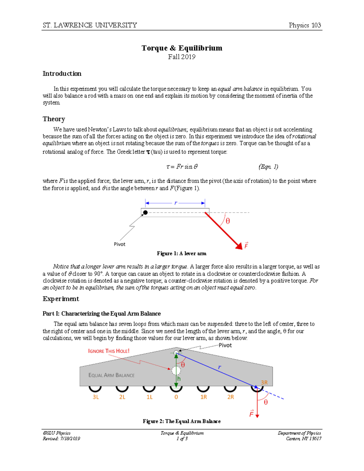 Torque - lab report - ST. LAWRENCE UNIVERSITY Physics 103 SLU Physics ...