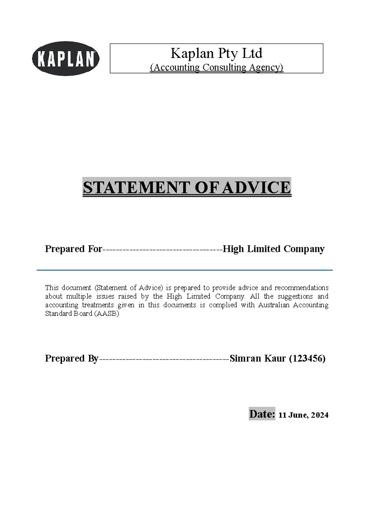 Accounting - just assignment - STATEMENT OF ADVICE Prepared For-High ...