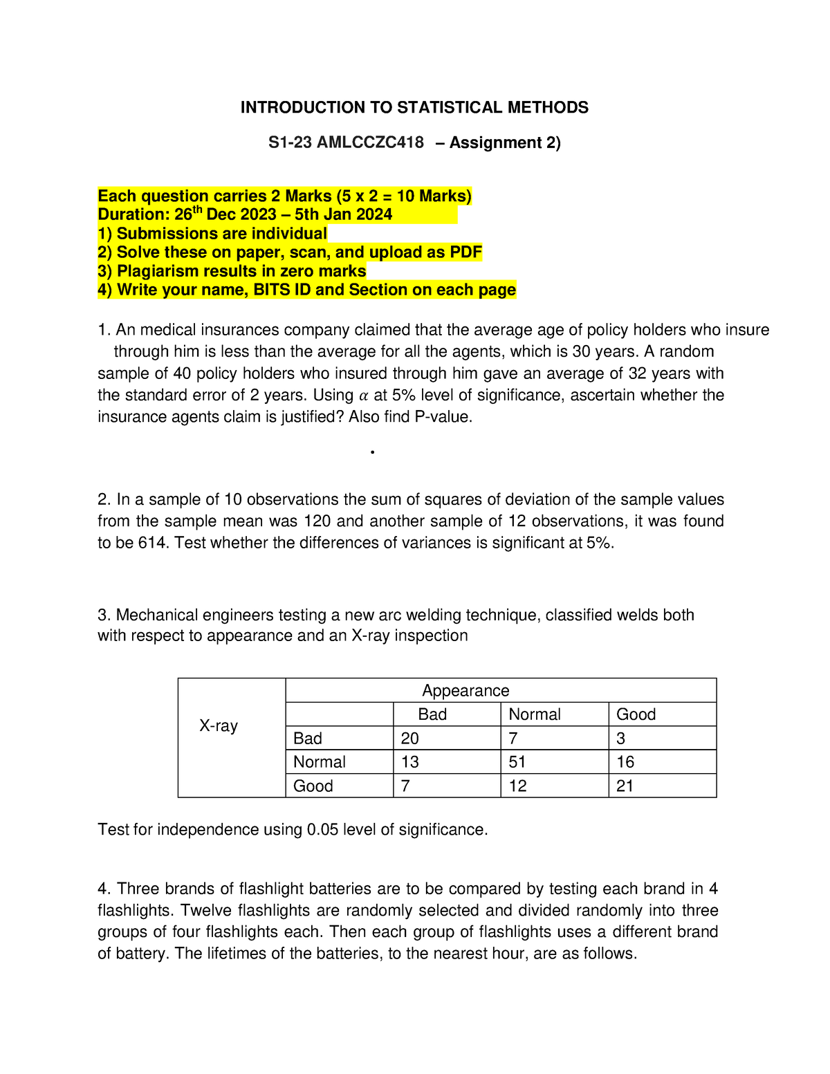 S1-23 ISM-Assignment 2 - INTRODUCTION TO STATISTICAL METHODS Assignment ...