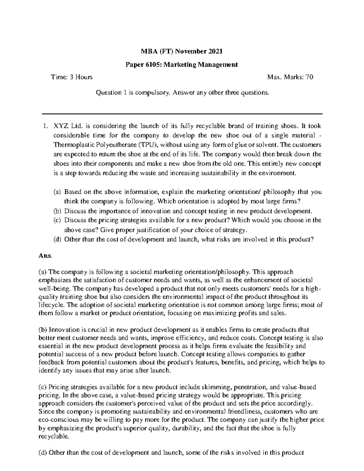 Solve 6105 Marketing Management- Mbaft - MBA (FT) November 2021 Paper ...