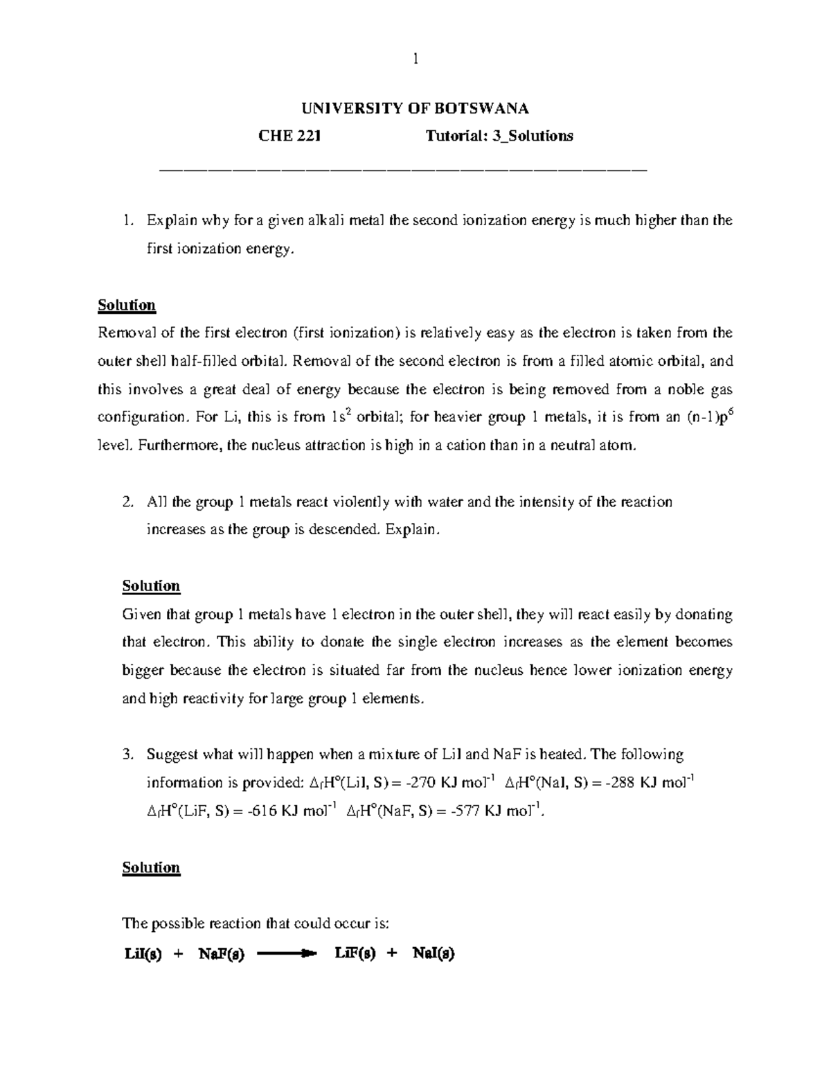 CHE221 Tutorial 3 2024 solutions - 1 UNIVERSITY OF BOTSWANA CHE 221 ...