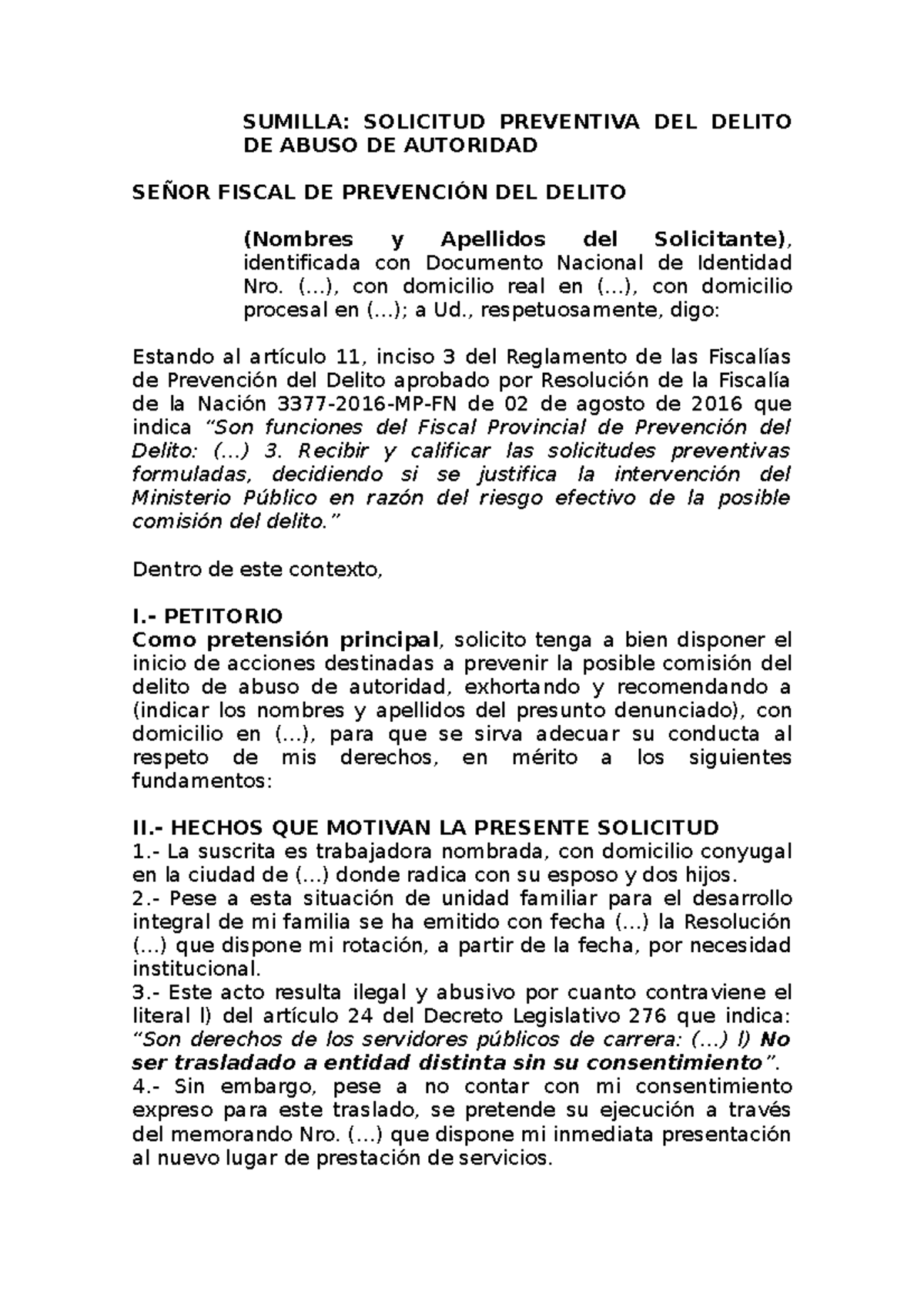 Modelo DE Solicitud DE Prevención DEL Delito - SUMILLA: SOLICITUD ...