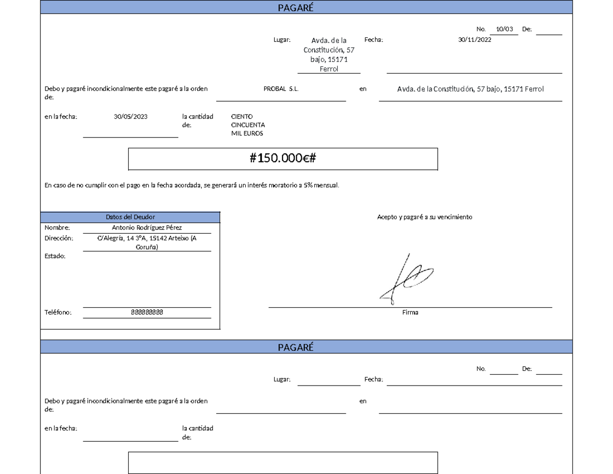 Modelo De Pagare En Word PagarÉ No 10 03 De Lugar Avda De La