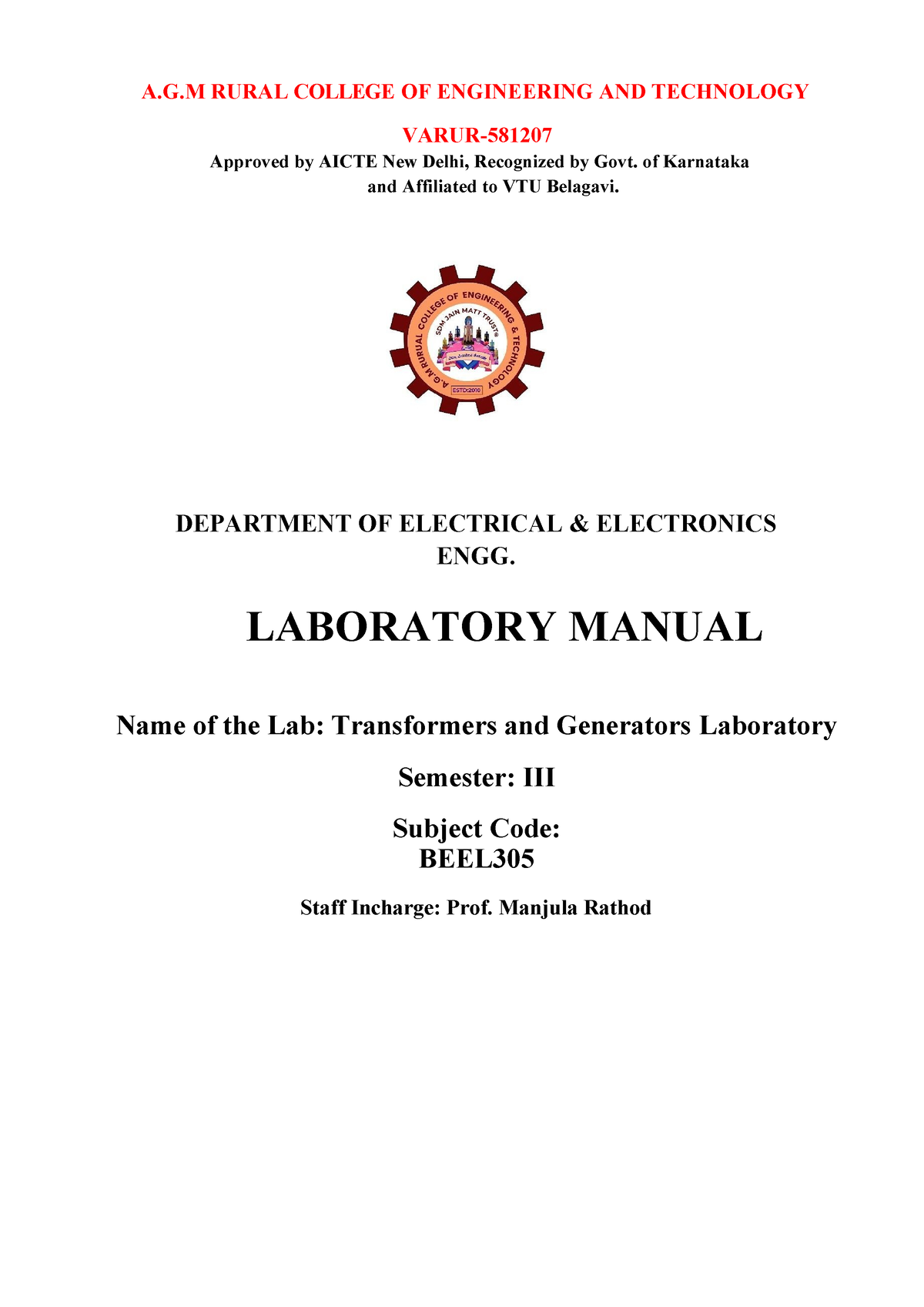 17EEL37 EML LAB Manual - A.G RURAL COLLEGE OF ENGINEERING AND ...