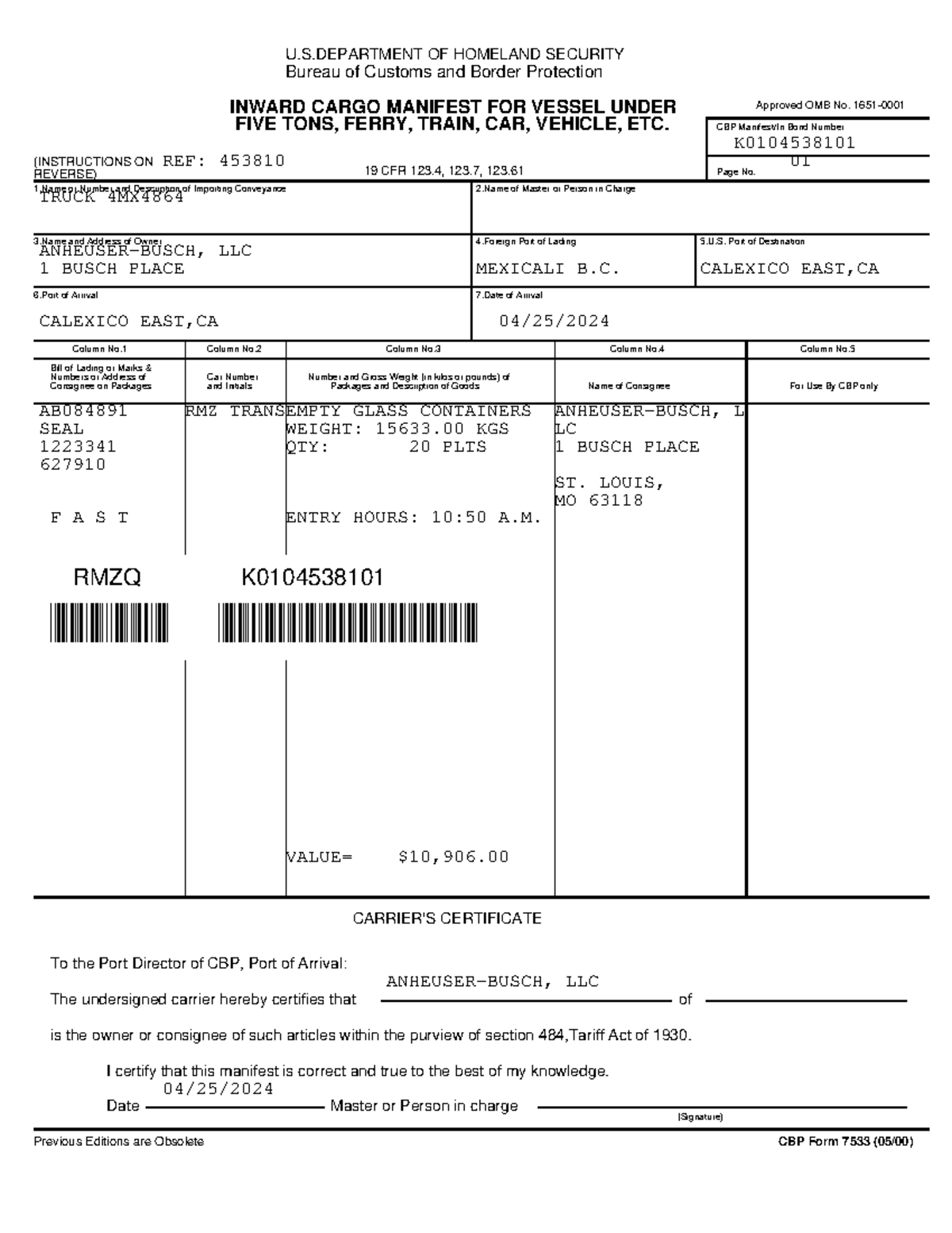 453810 7533 - DGDFFD - U.S OF HOMELAND SECURITY Bureau of Customs and ...