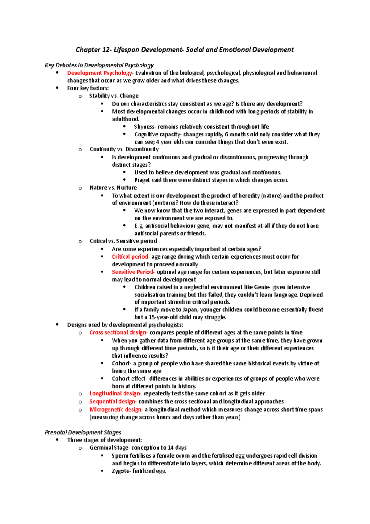 Mind And Behaviour- Lifespan Development Revision Notes - Chapter ...