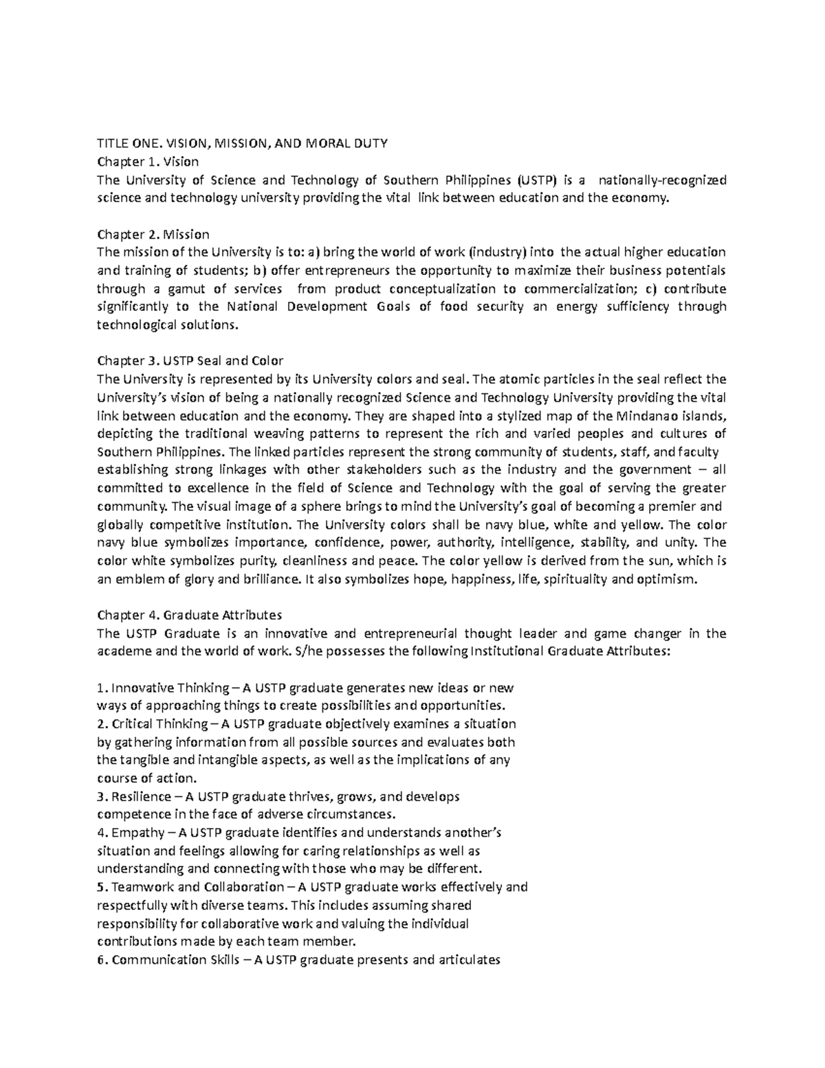 USTP SHS Handbook Draft - TITLE ONE. VISION, MISSION, AND MORAL DUTY ...