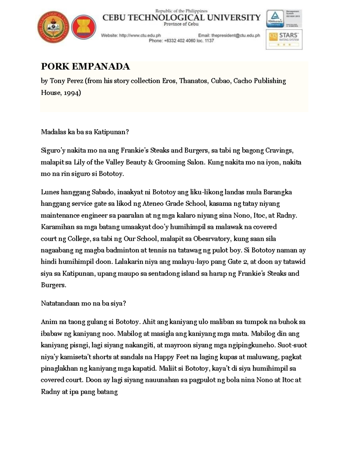 Pork Empanada PORK EMPANADA by Tony Perez (from his story collection