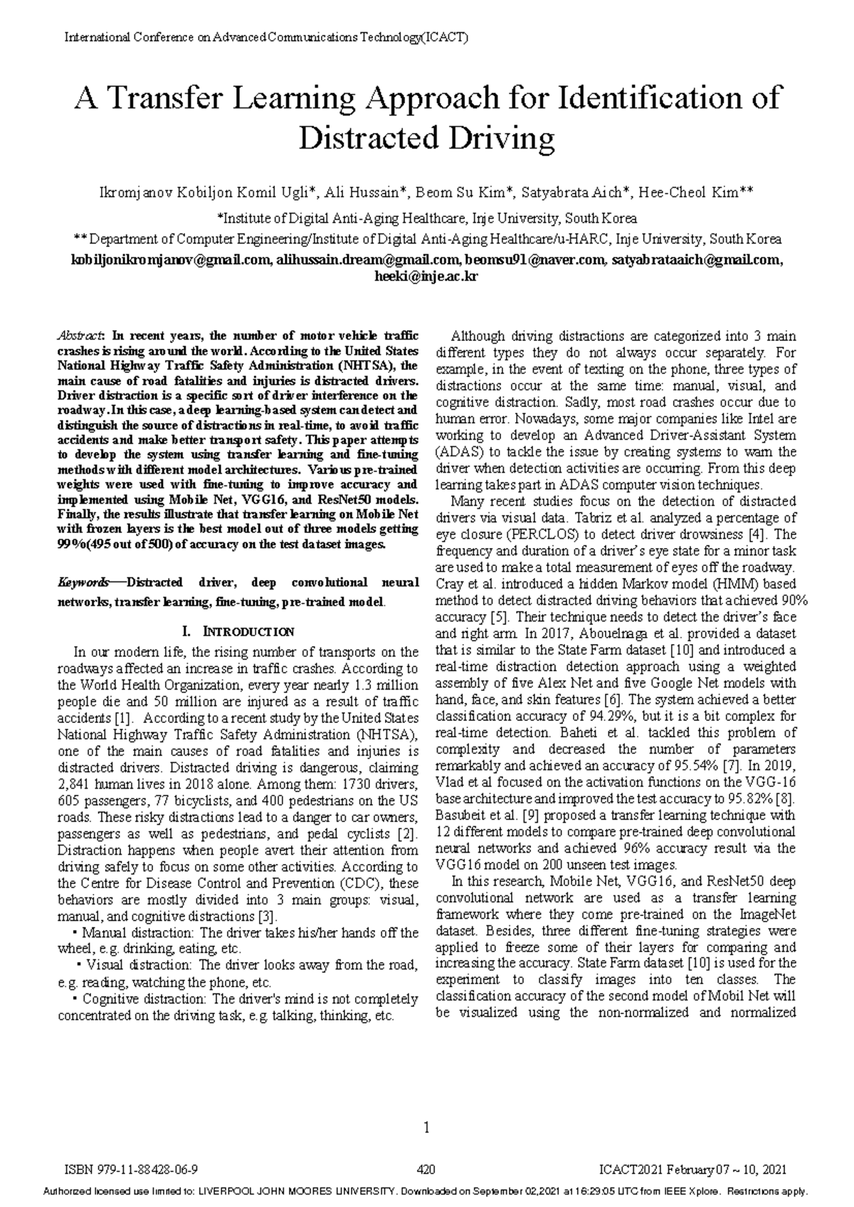 A Transfer Learning Approach for Identification of Distracted Driving ...