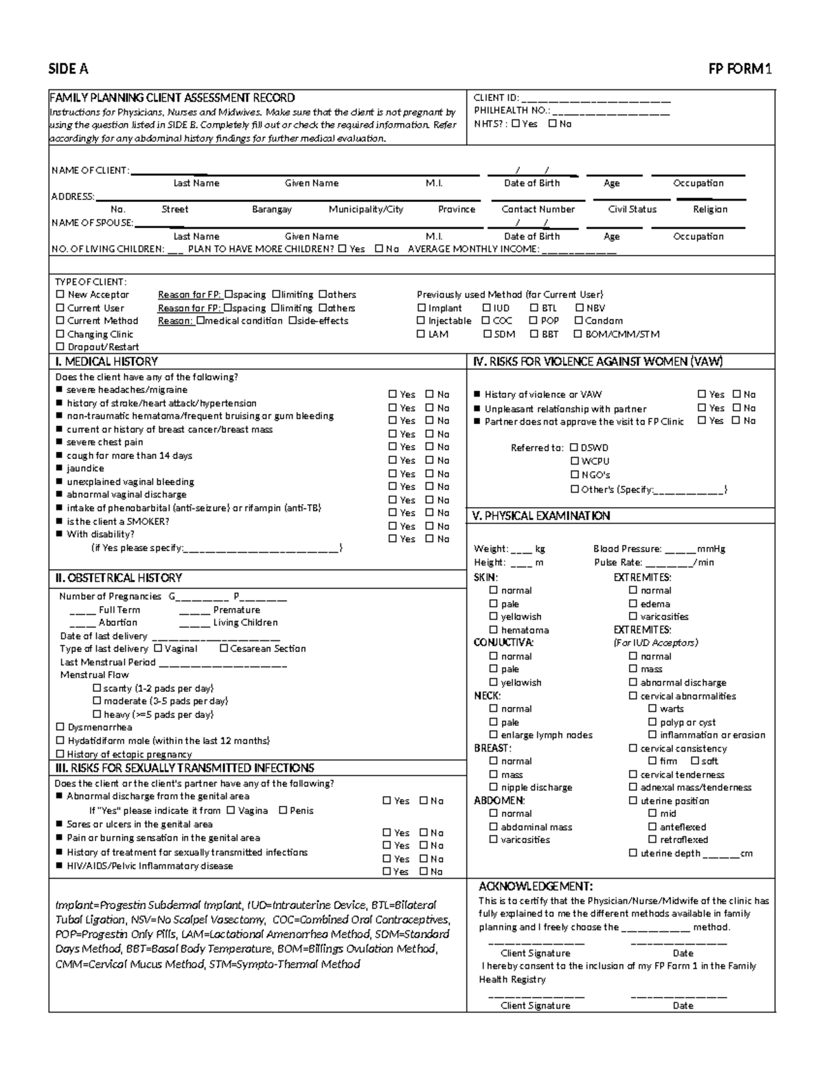 Family Planning Client Assessment Record - SIDE A FP FORM FAMILY ...