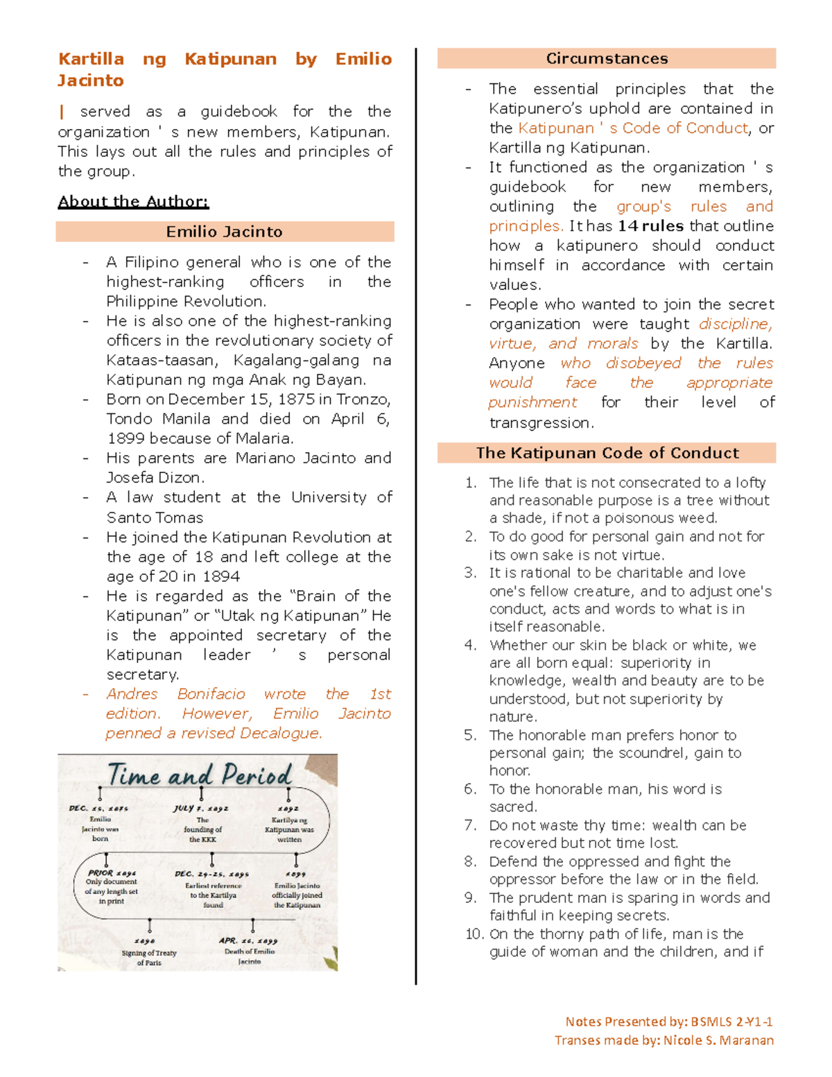 Kartilla ng Katipunan by Emilio Jacinto notes Notes Presented by