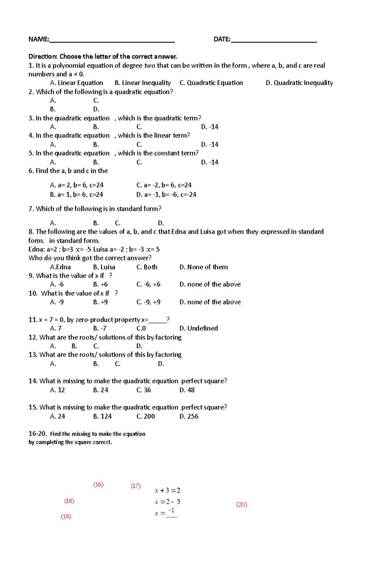 Math 9 Long Quiz 1st Quarter - Name 