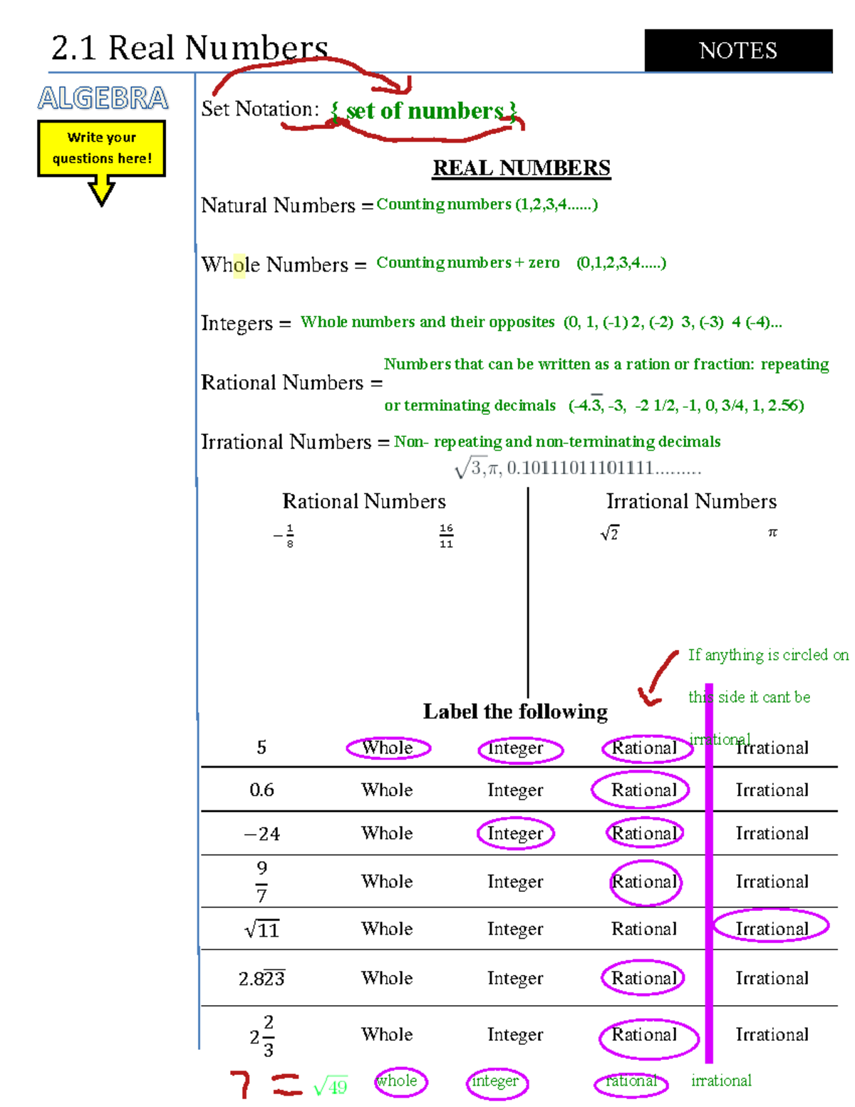 Algerba 2.1 - Classifying Real Numbers - NOTES Write your questions ...