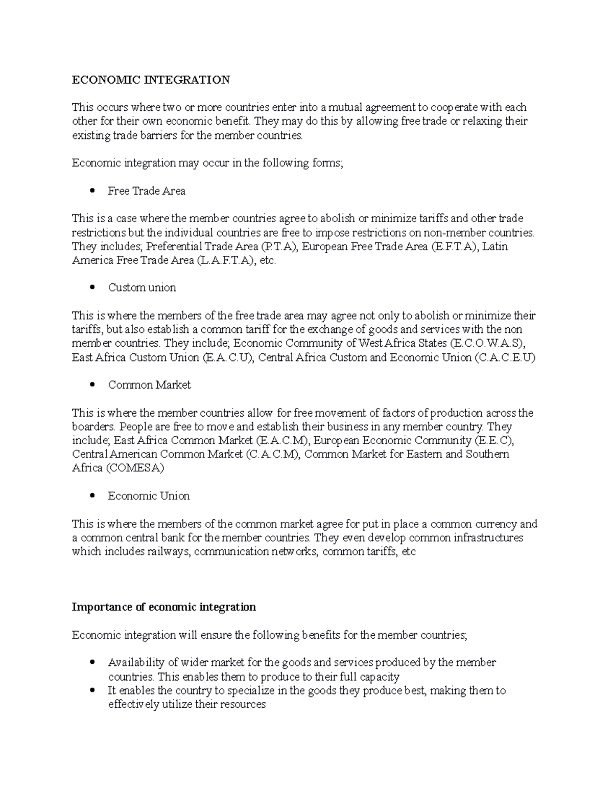 Economic Integration Lesson Notes - ECONOMIC INTEGRATION This occurs ...