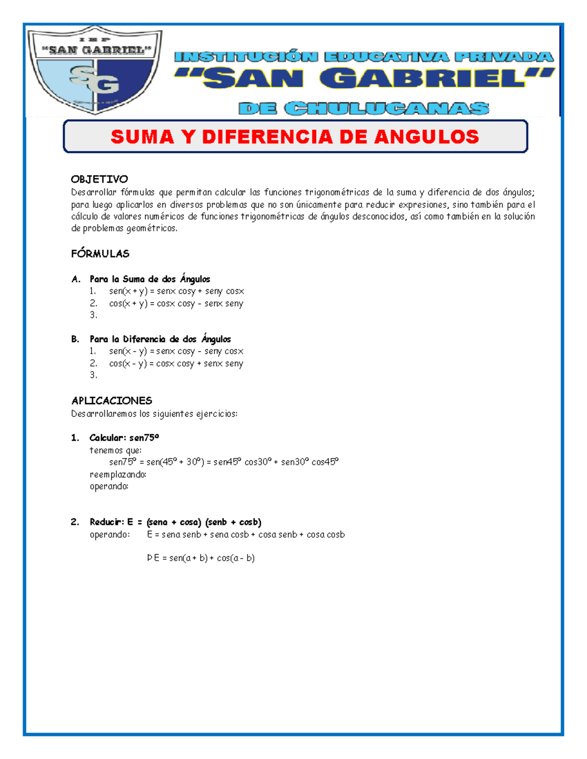 Suma Y Diferencia De Angulos Para Quinto De Secundaria - SUMA Y ...