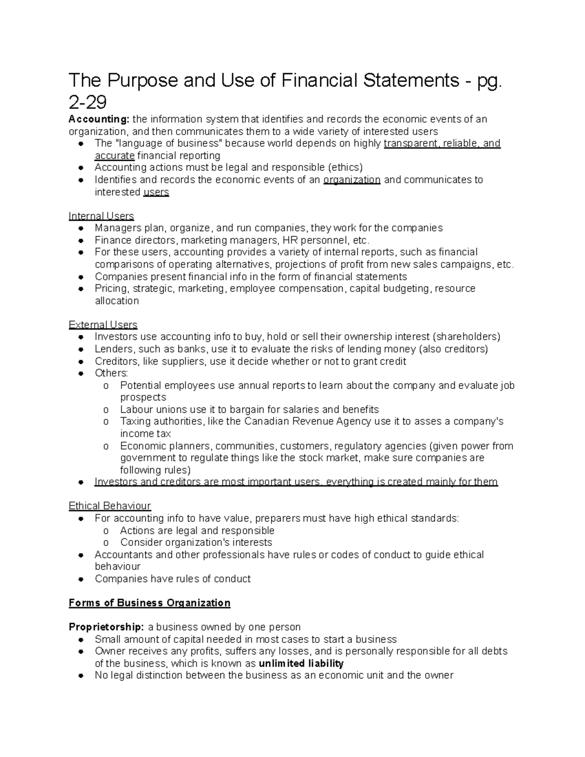 EXAM 1 Notes MOS 1023 - 2019 - The Purpose and Use of Financial ...