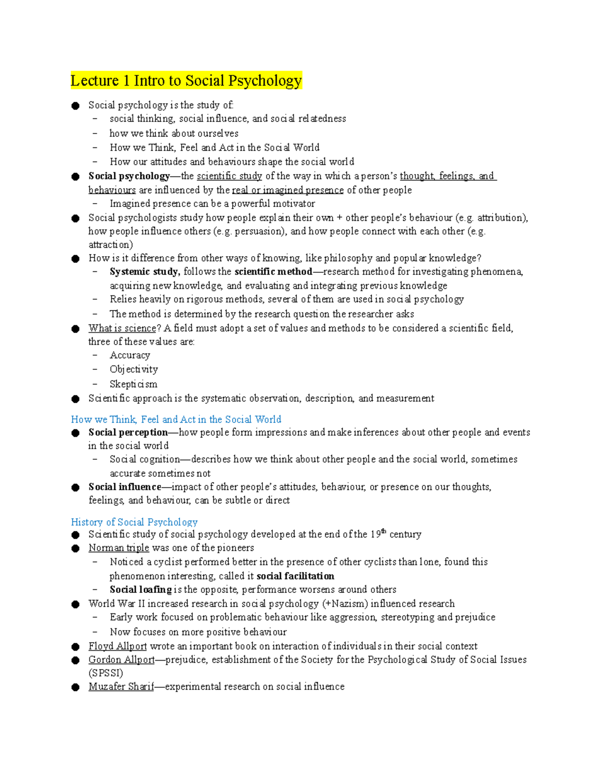Lecture and TB notes - Lecture 1 Intro to Social Psychology Social ...