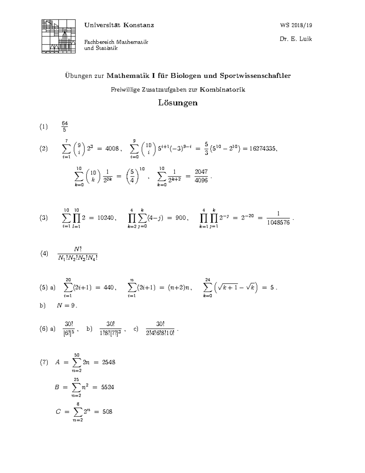 Aufgaben Zur Kombinatorik Mit Lösungen Freiwillige Zusatzaufgaben zur Kombinatorik loesungen - Universit ̈at