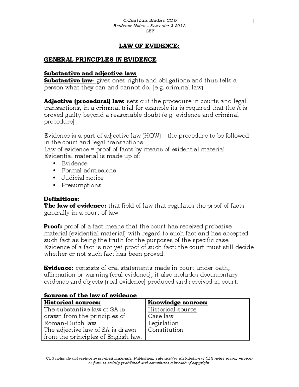 Evidence LEV Notes 2018 SEM 2 - Evidence Notes – Semester 2 2018 LEV ...