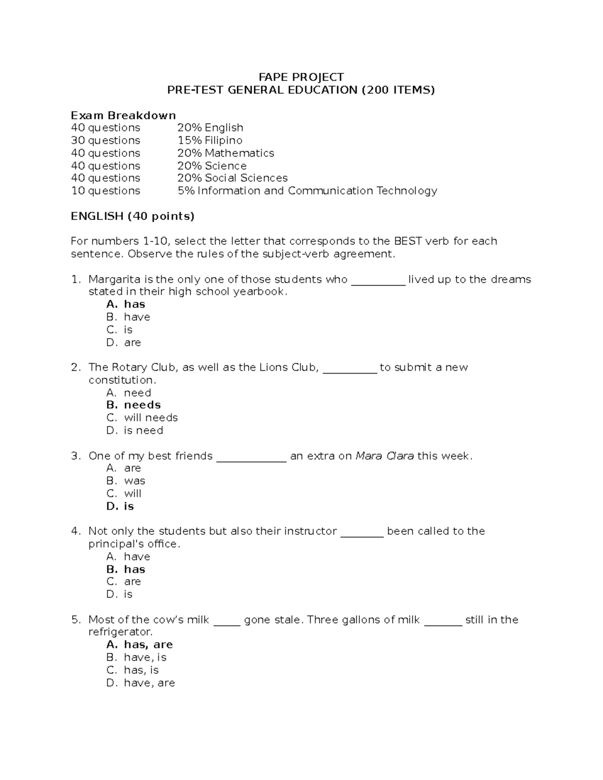 PRE TEST General Education - FAPE PROJECT PRE-TEST GENERAL EDUCATION ...