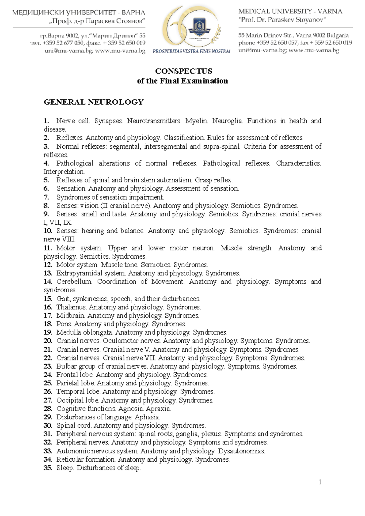 Conspectus of the final examination - CONSPECTUS of the Final