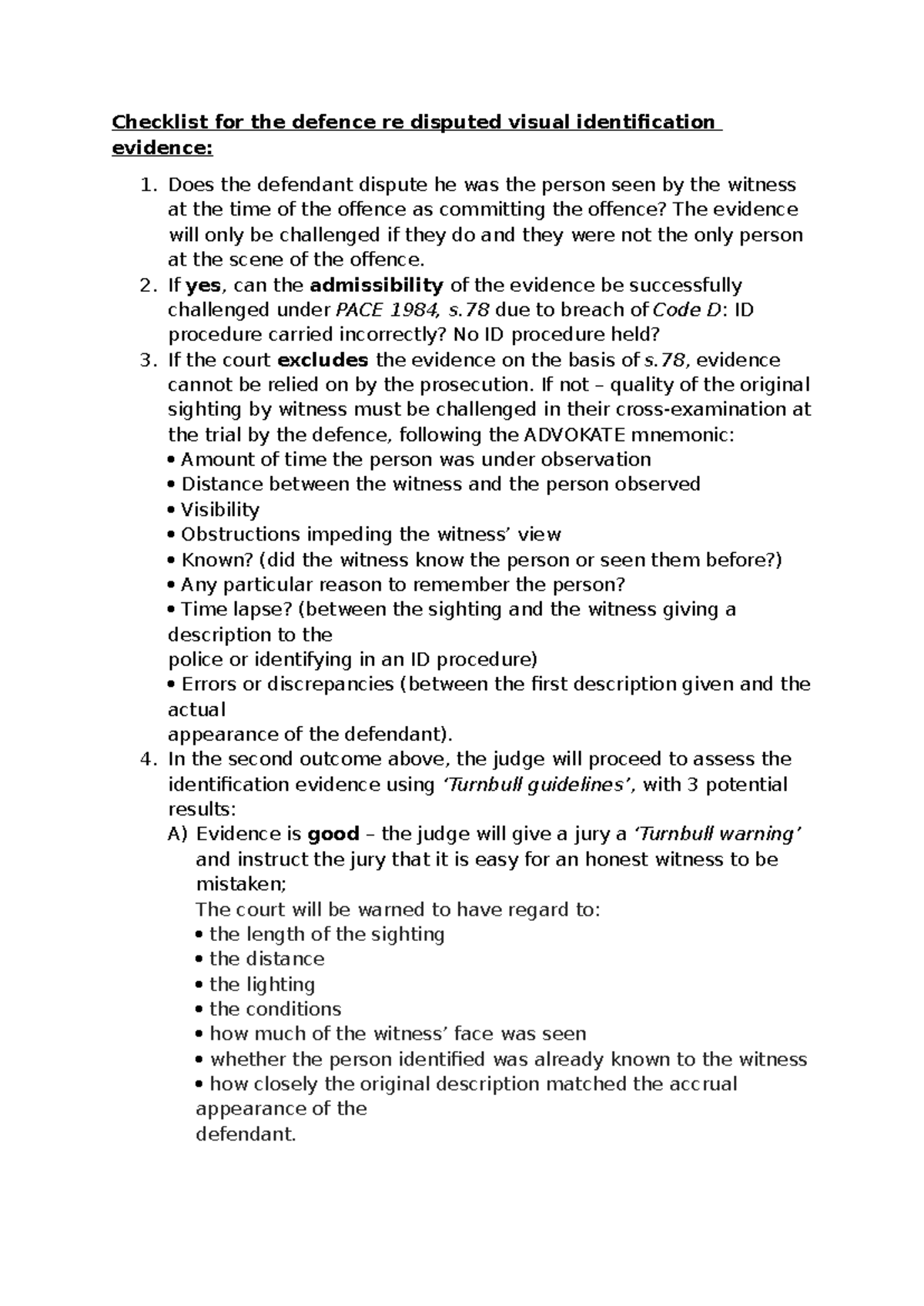 Checklist for the defence re disputed visual identification evidence ...