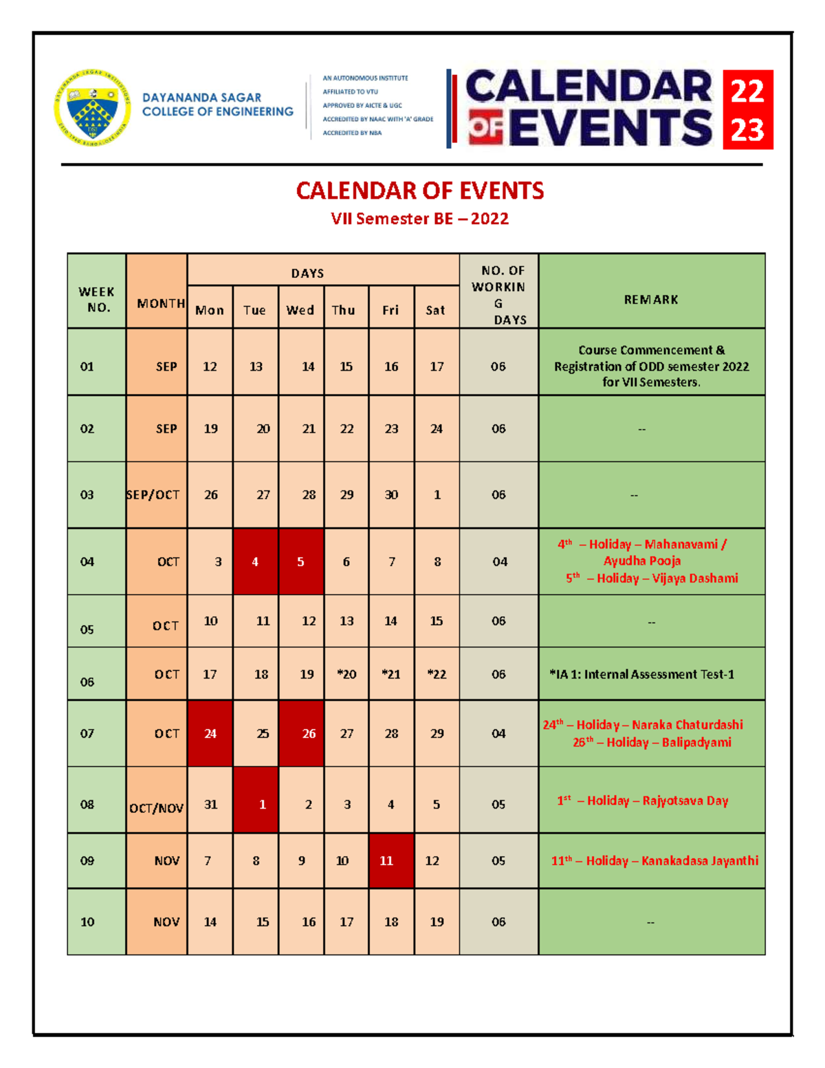 VII Sem Odd Sem Calendef of Events-2022 - CALENDAR OF EVENTS VII