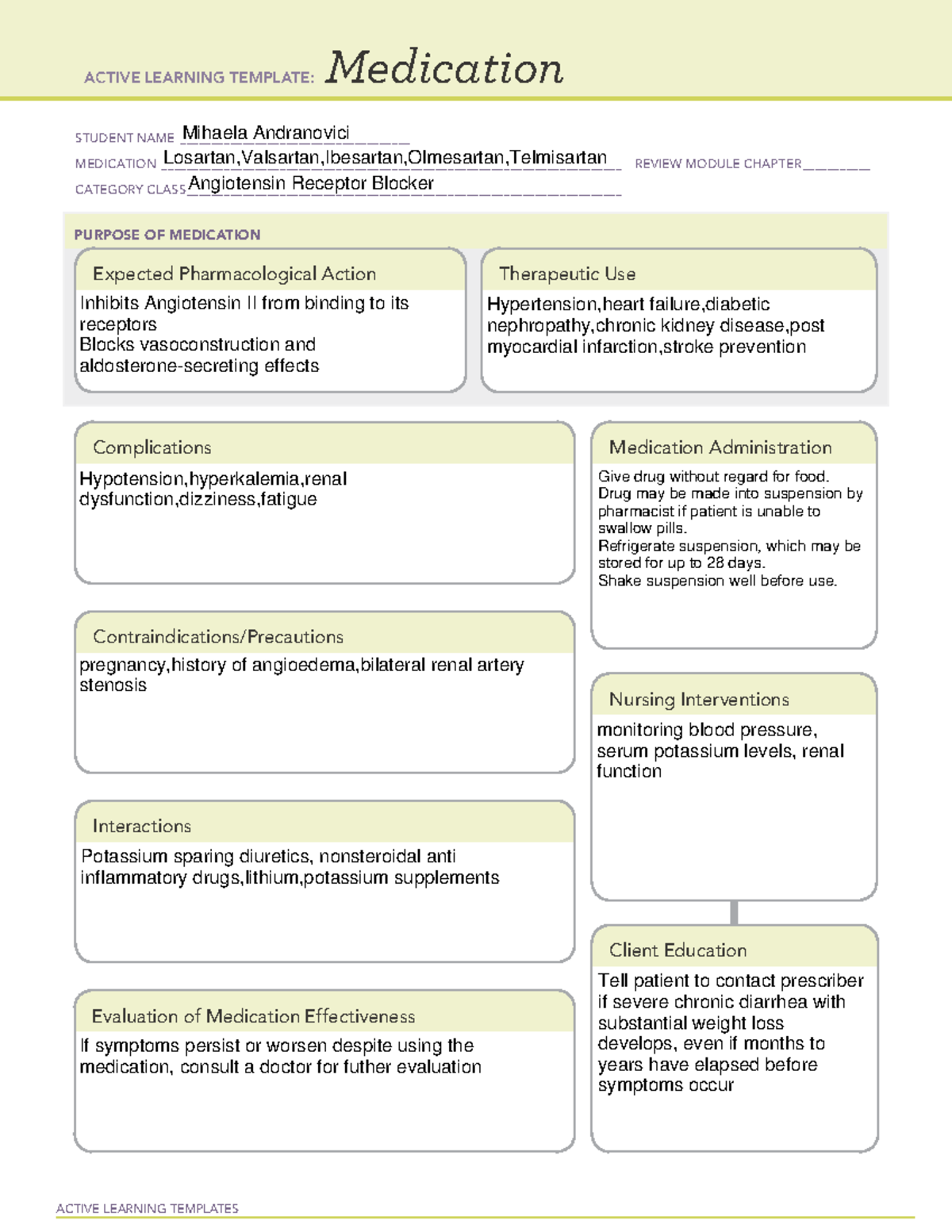 Angiotensin - ACTIVE LEARNING TEMPLATES Medication STUDENT NAME - Studocu