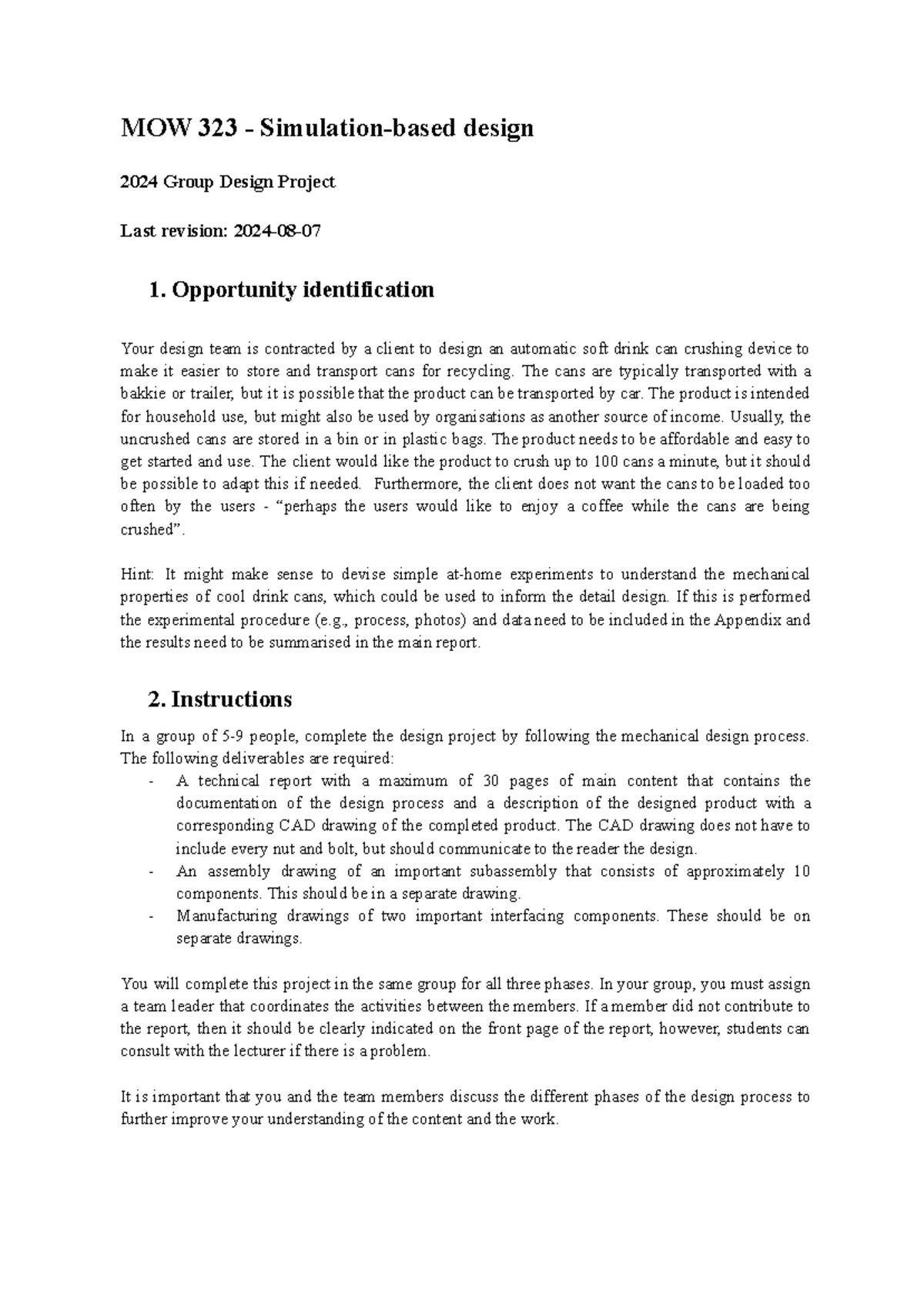 Mow323 group design project 2024 v2 - MOW 323 - Simulation-based design ...