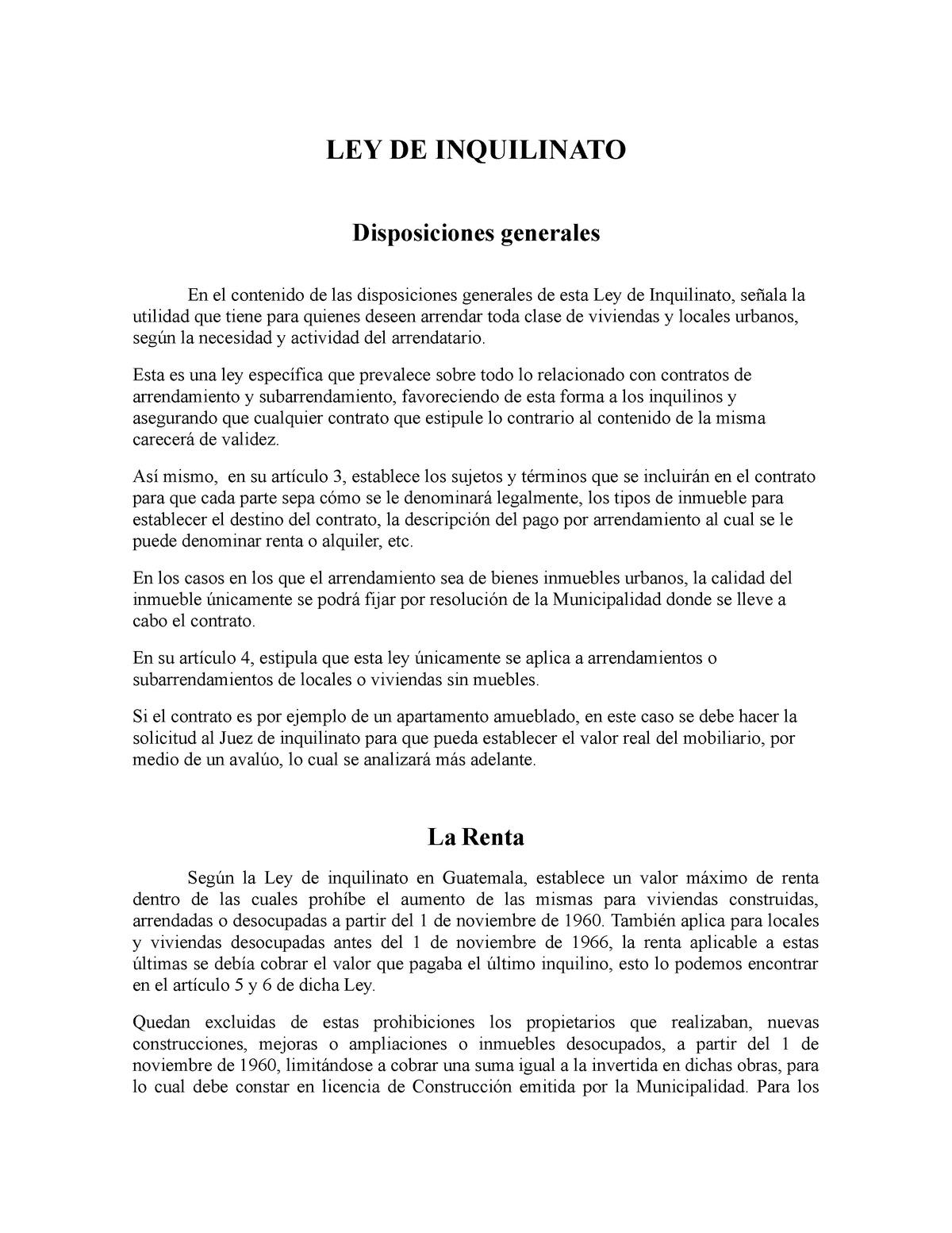 Analisis Ley de Inquilinato de Guatemala Decreto LEY DE INQUILINATO