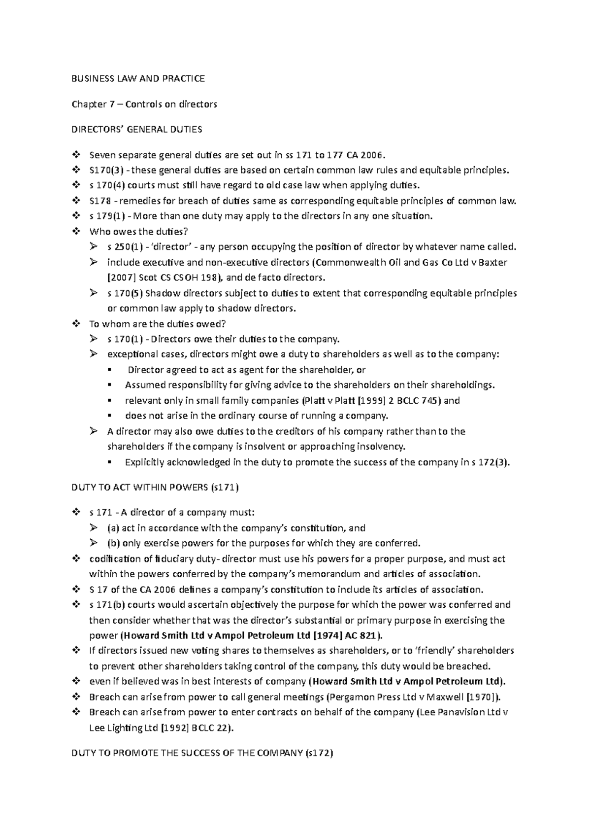 Chapter 7 - BUSINESS LAW AND PRACTICE Chapter 7 – Controls on directors ...
