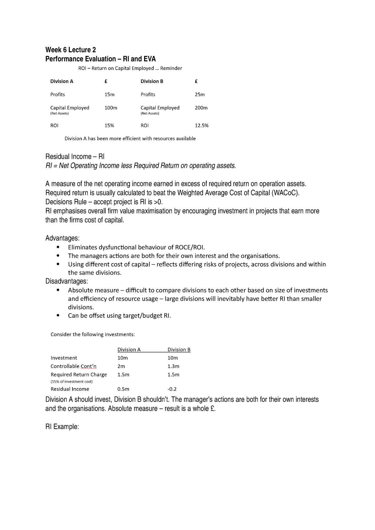 12 Residual Income And Eva Week 6 Lecture 2 Performance Evaluation Ri And Eva Residual 2462